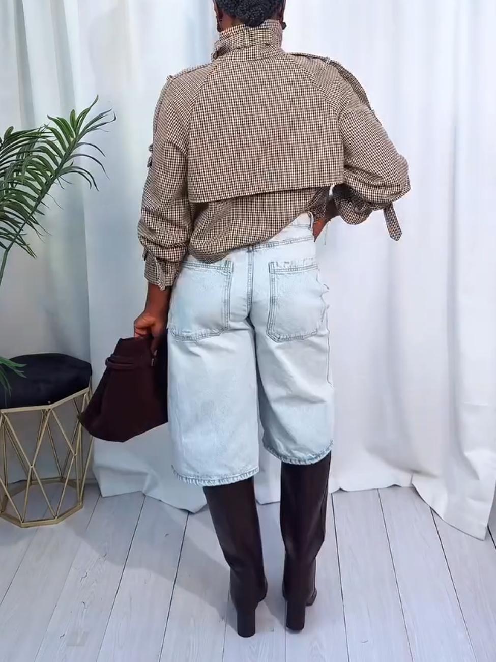 Elegant Lapel Checkered Buttons Double Breasted Coat