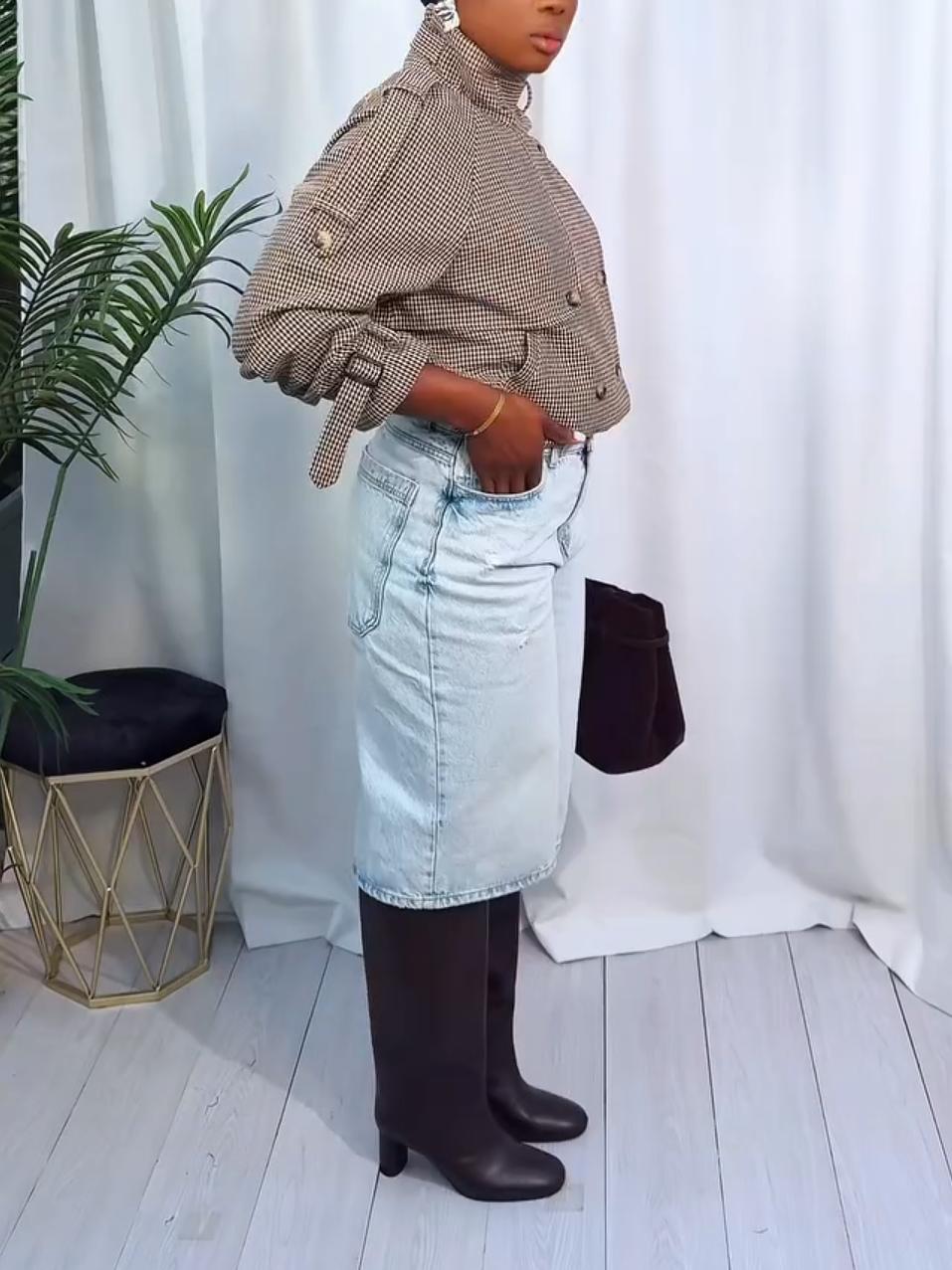 Elegant Lapel Checkered Buttons Double Breasted Coat