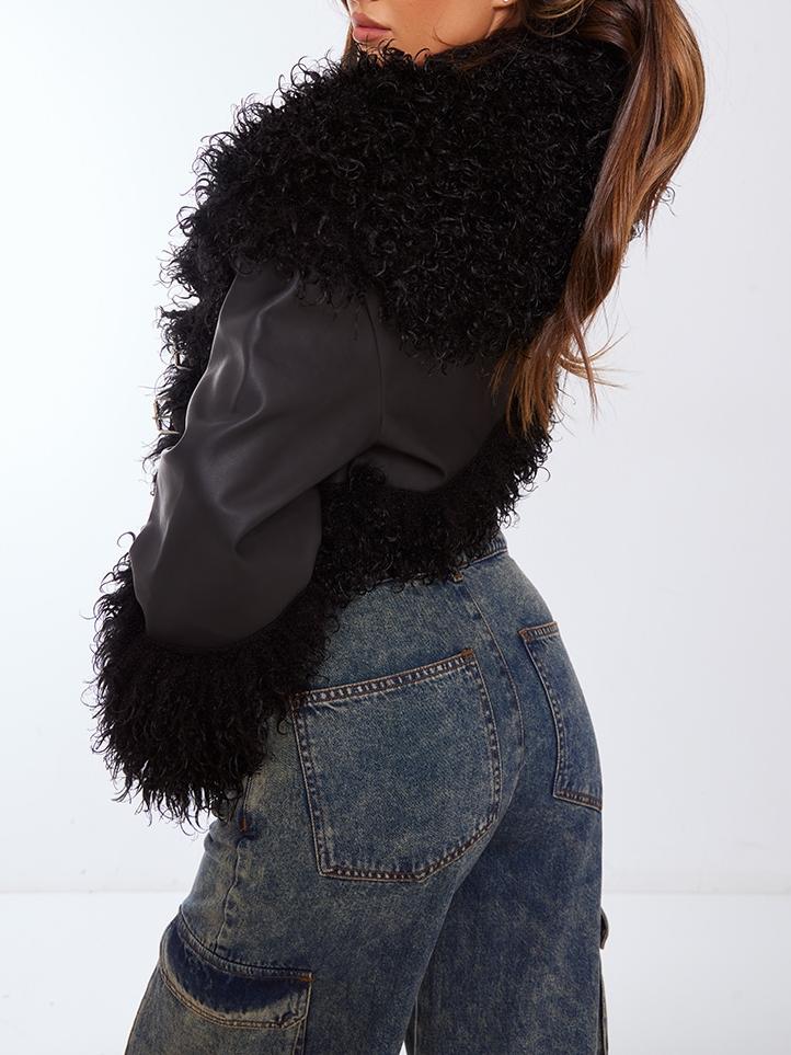 Black Textured Look Faux Mongolian Fur Faux Leather Jacket