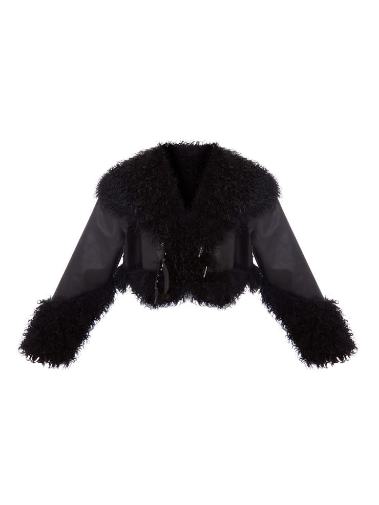 Black Textured Look Faux Mongolian Fur Faux Leather Jacket