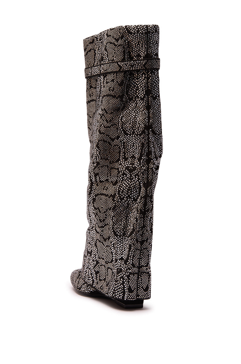 Capricorn Rhinestone Snake Pattern Wedge Fold Over Boot