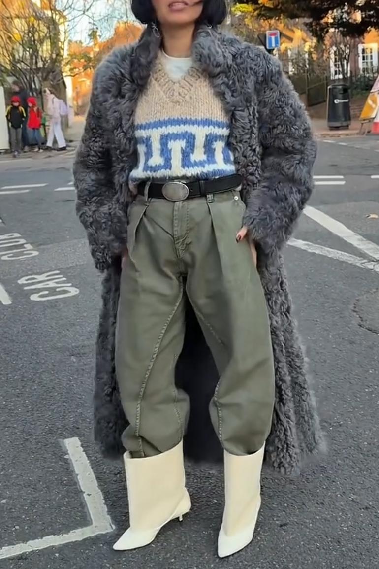 [Free Shipping] Gray Stand-Collar Faux Fur Long Coat