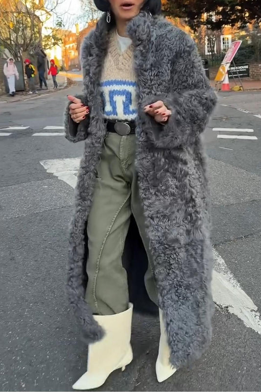 [Free Shipping] Gray Stand-Collar Faux Fur Long Coat