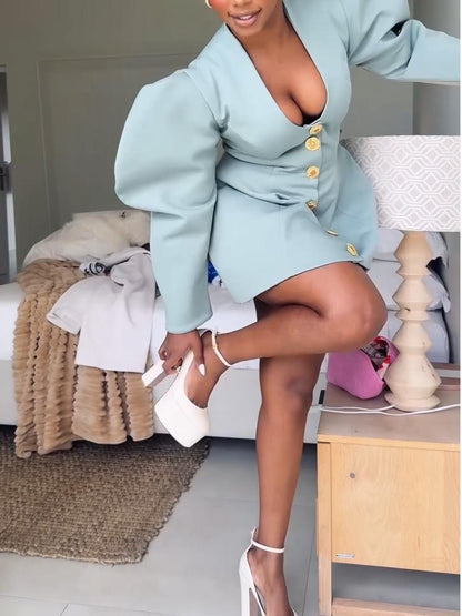 Deep V-Neck Puff Long-Sleeve Mini Dress