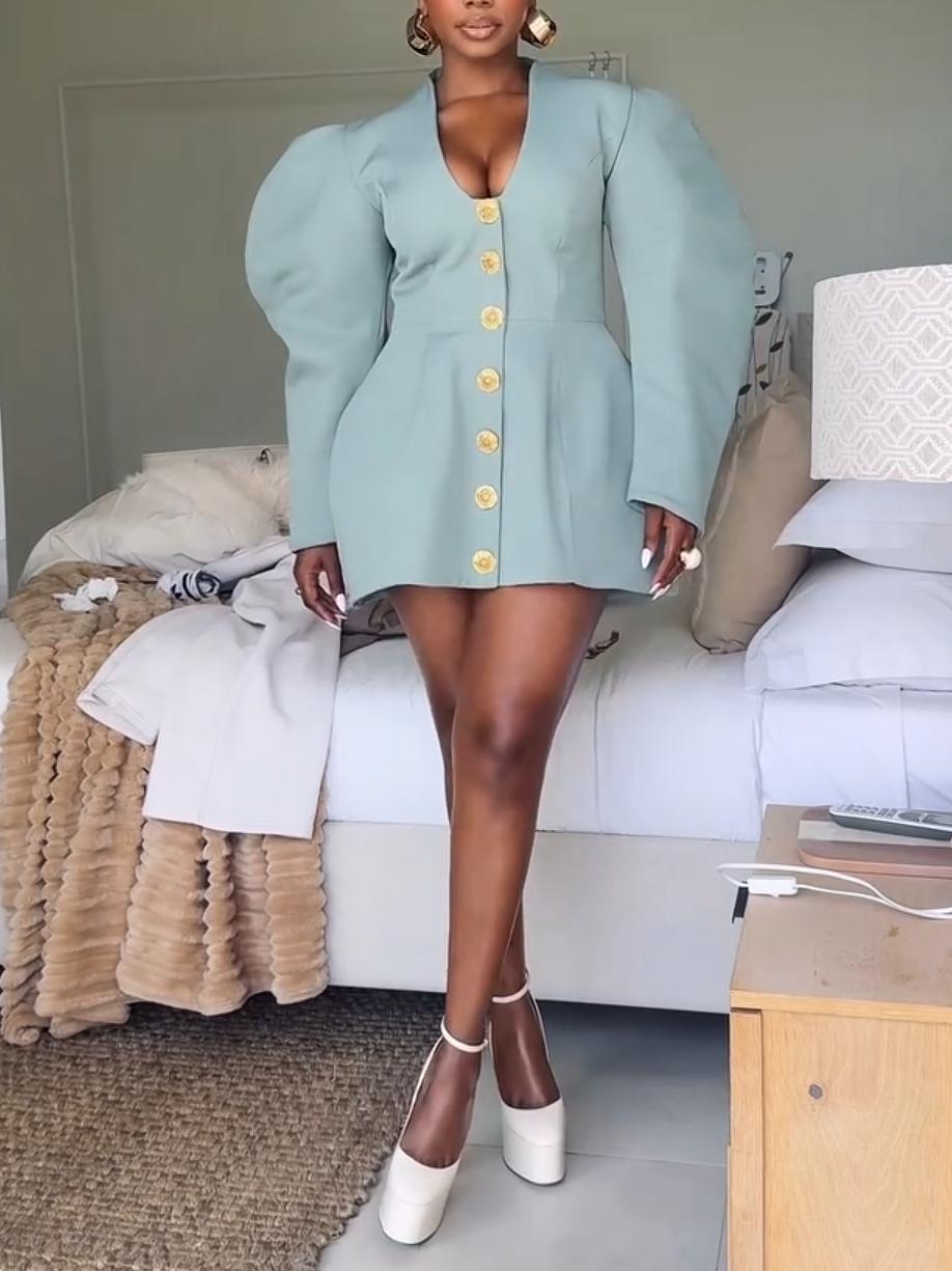Deep V-Neck Puff Long-Sleeve Mini Dress