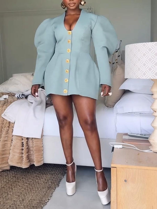 Deep V-Neck Puff Long-Sleeve Mini Dress