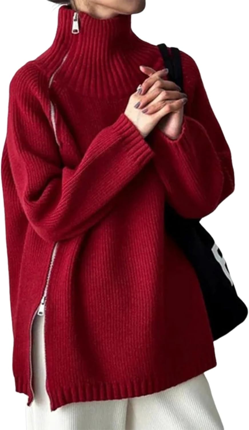 Women's Trendy Turtleneck Sweaters Side Slit Zip up Pullover