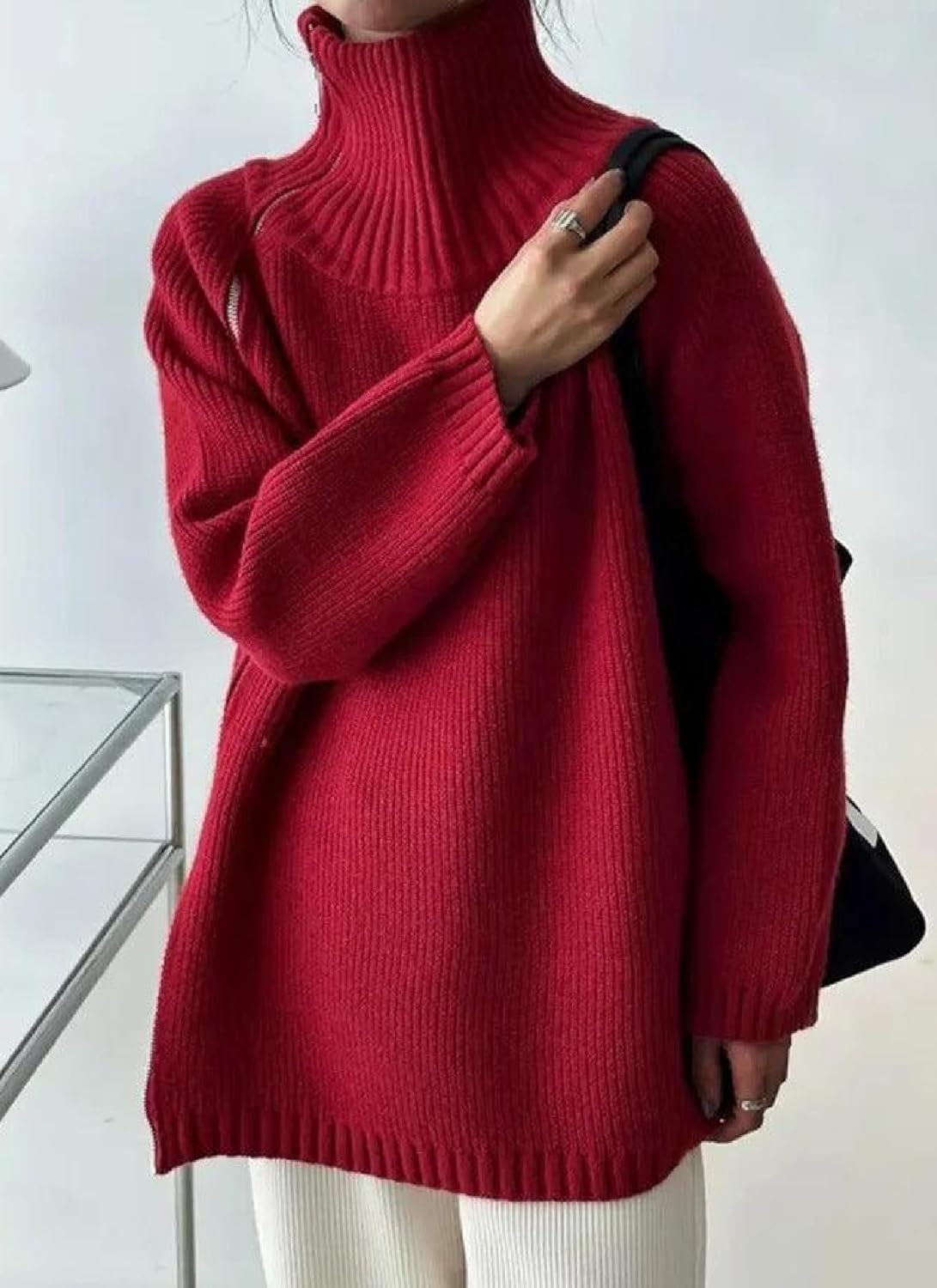 Women's Trendy Turtleneck Sweaters Side Slit Zip up Pullover
