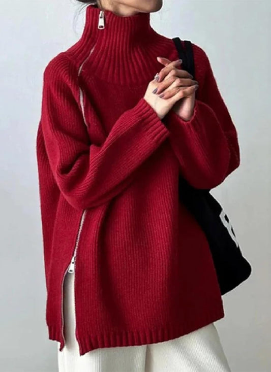 Women's Trendy Turtleneck Sweaters Side Slit Zip up Pullover
