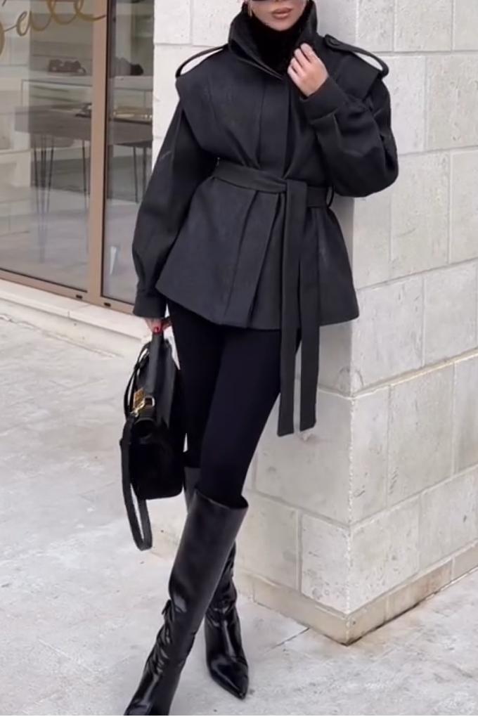 Structured High-Neck Belted Coat