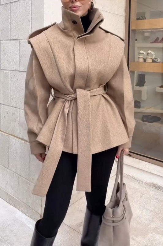 Structured High-Neck Belted Coat