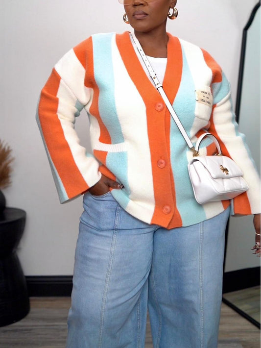 Cable Knitted Color Block Boho Striped Sweater Cardigans