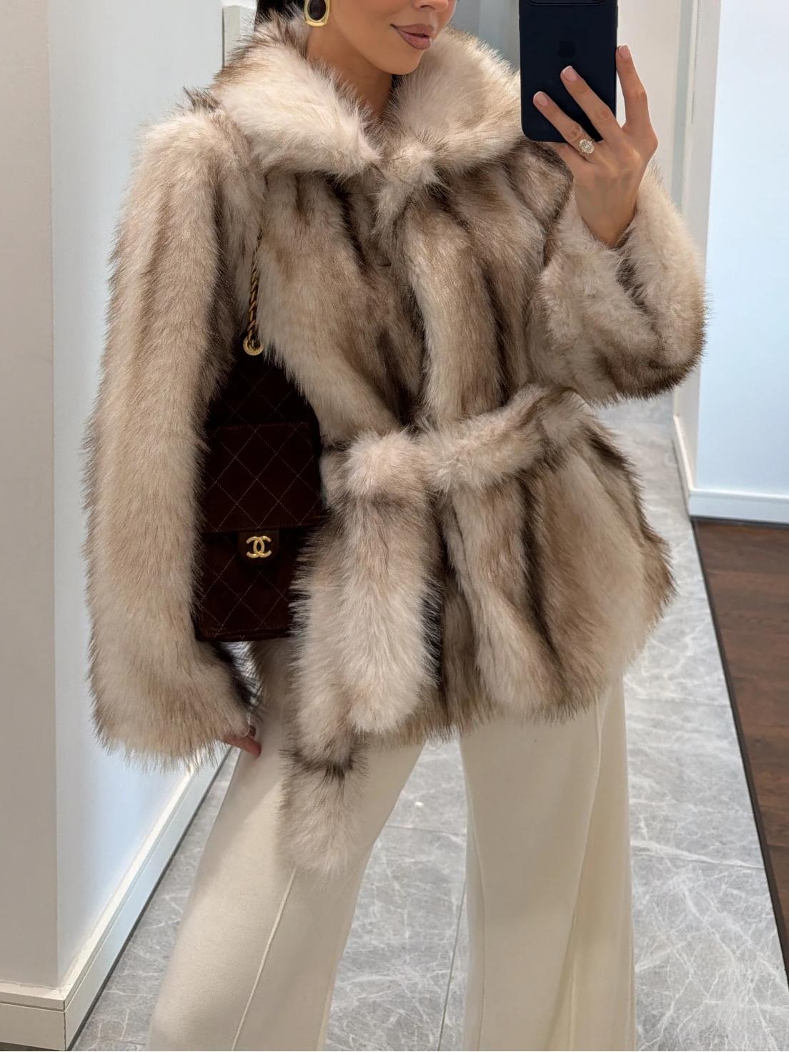 Ecru Brown Transition Belted Faux Fur