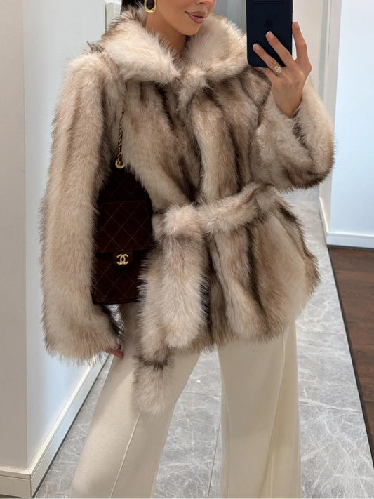 Ecru Brown Transition Belted Faux Fur