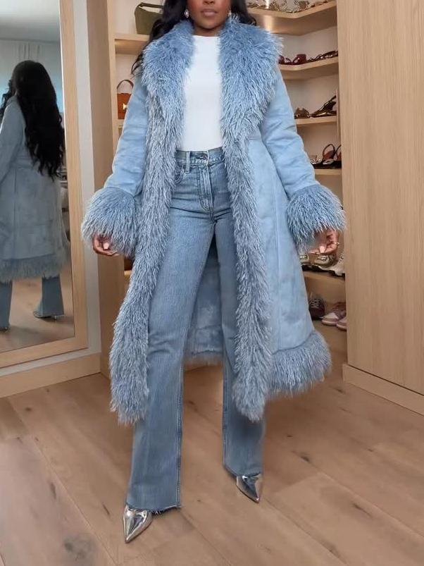 Powder Blue Faux Fur Trim Maxi Coat