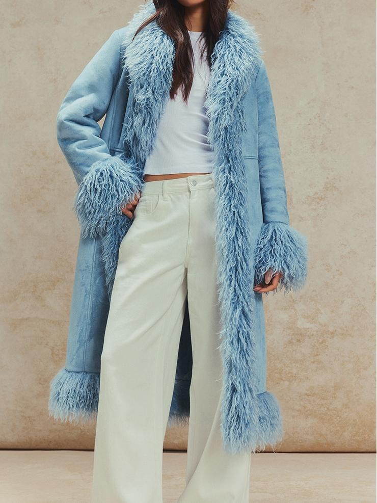Powder Blue Faux Fur Trim Maxi Coat