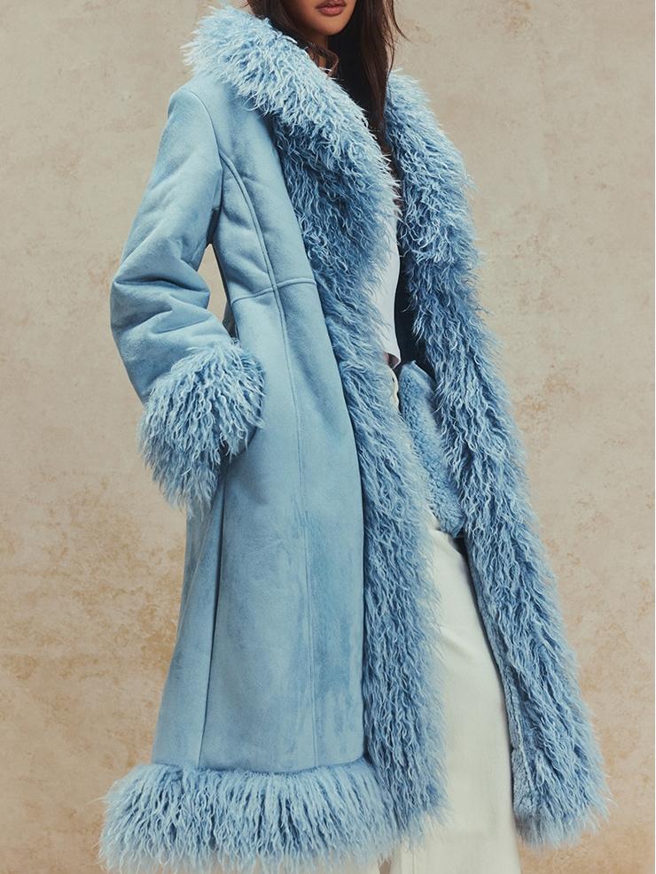 Powder Blue Faux Fur Trim Maxi Coat