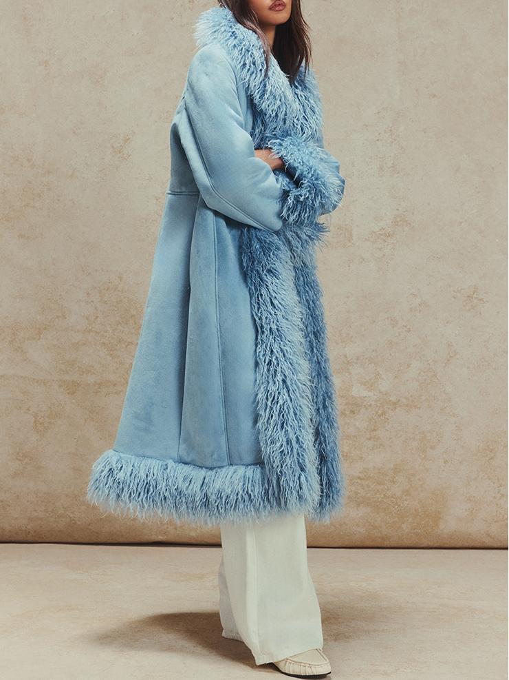 Powder Blue Faux Fur Trim Maxi Coat