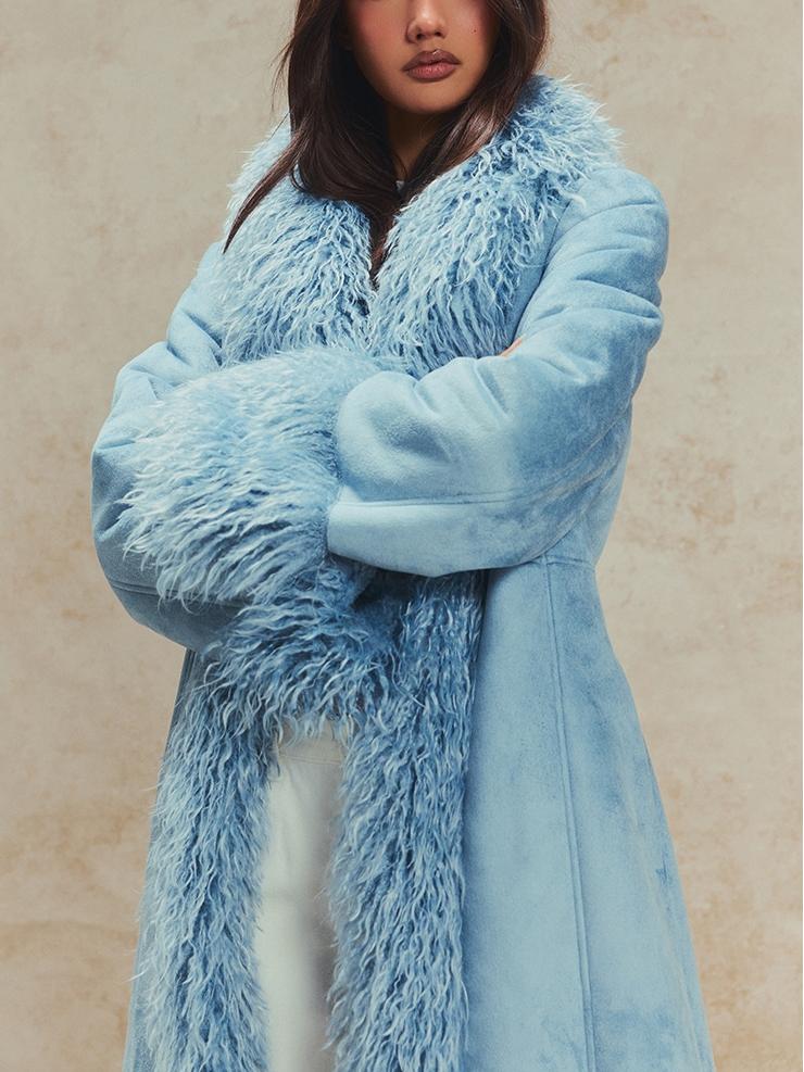 Powder Blue Faux Fur Trim Maxi Coat