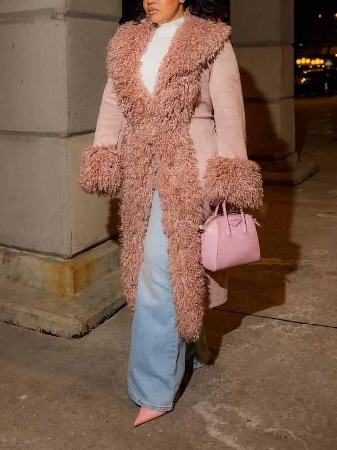 Suedette Faux Mongolian Trim Trench Coat