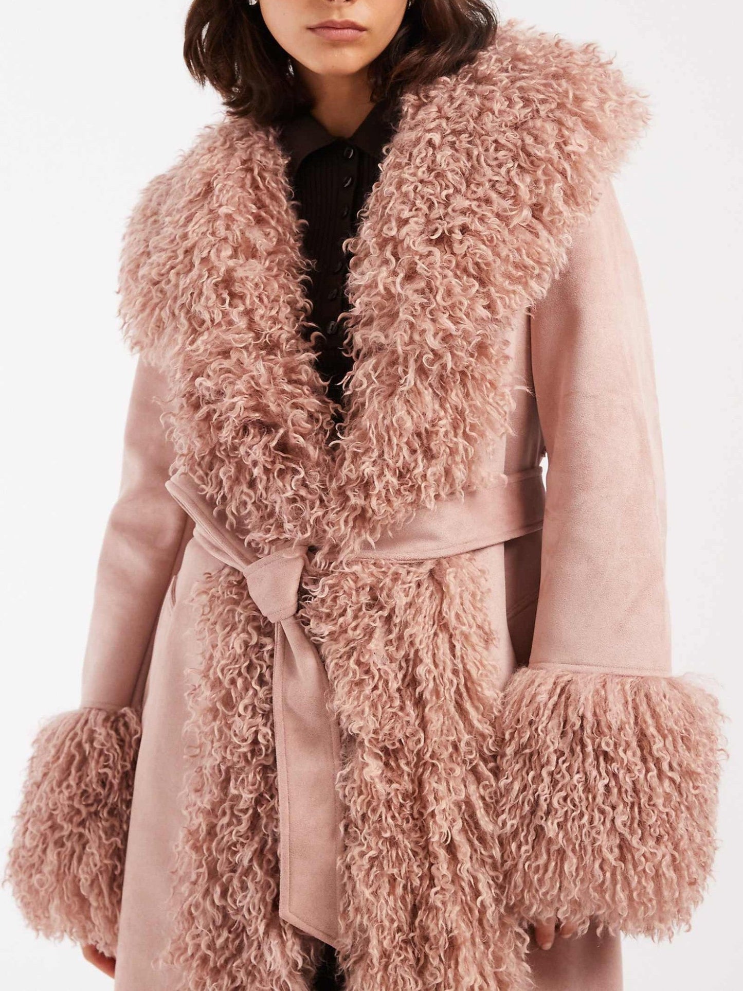 Suedette Faux Mongolian Trim Trench Coat