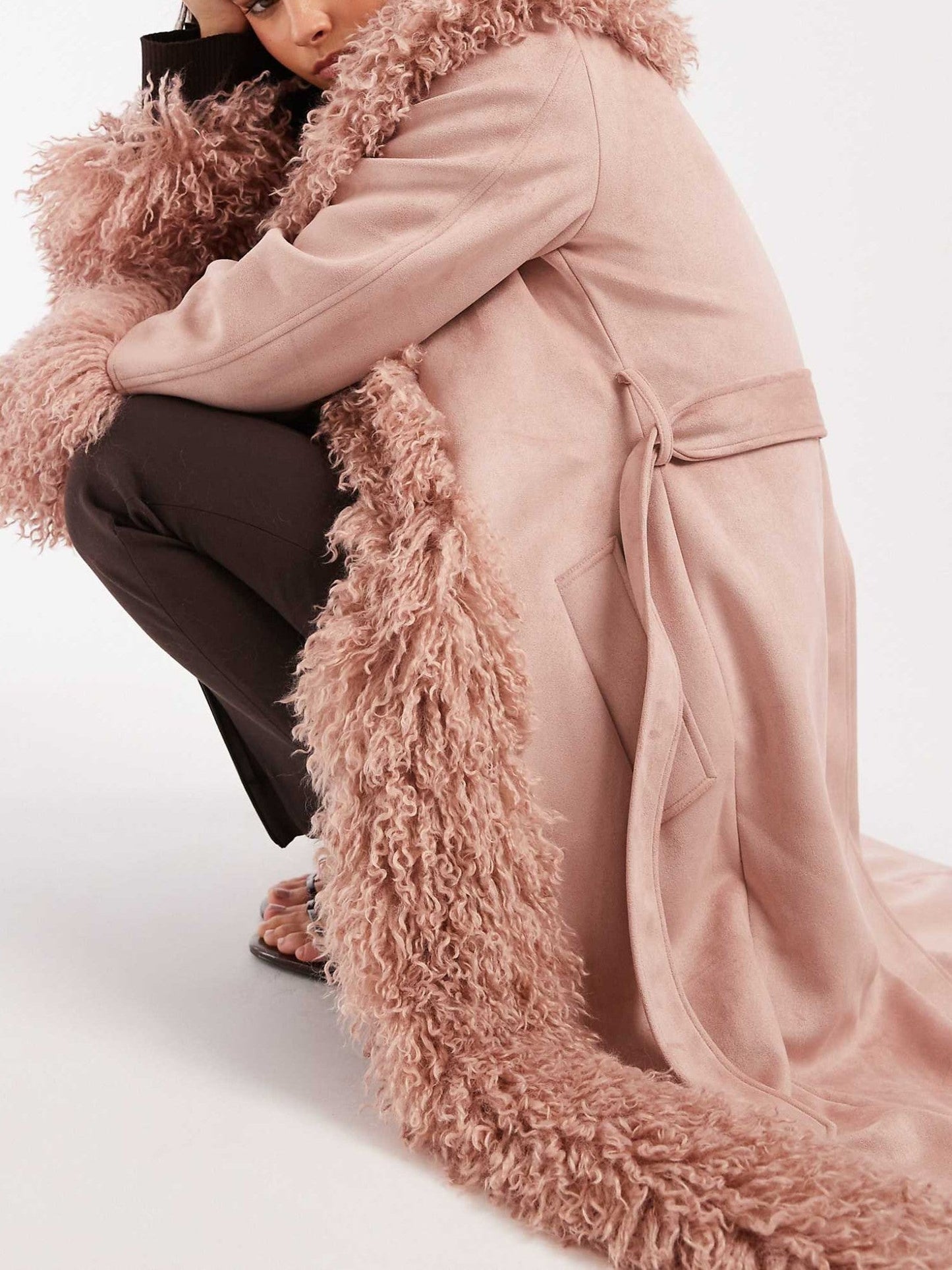 Suedette Faux Mongolian Trim Trench Coat