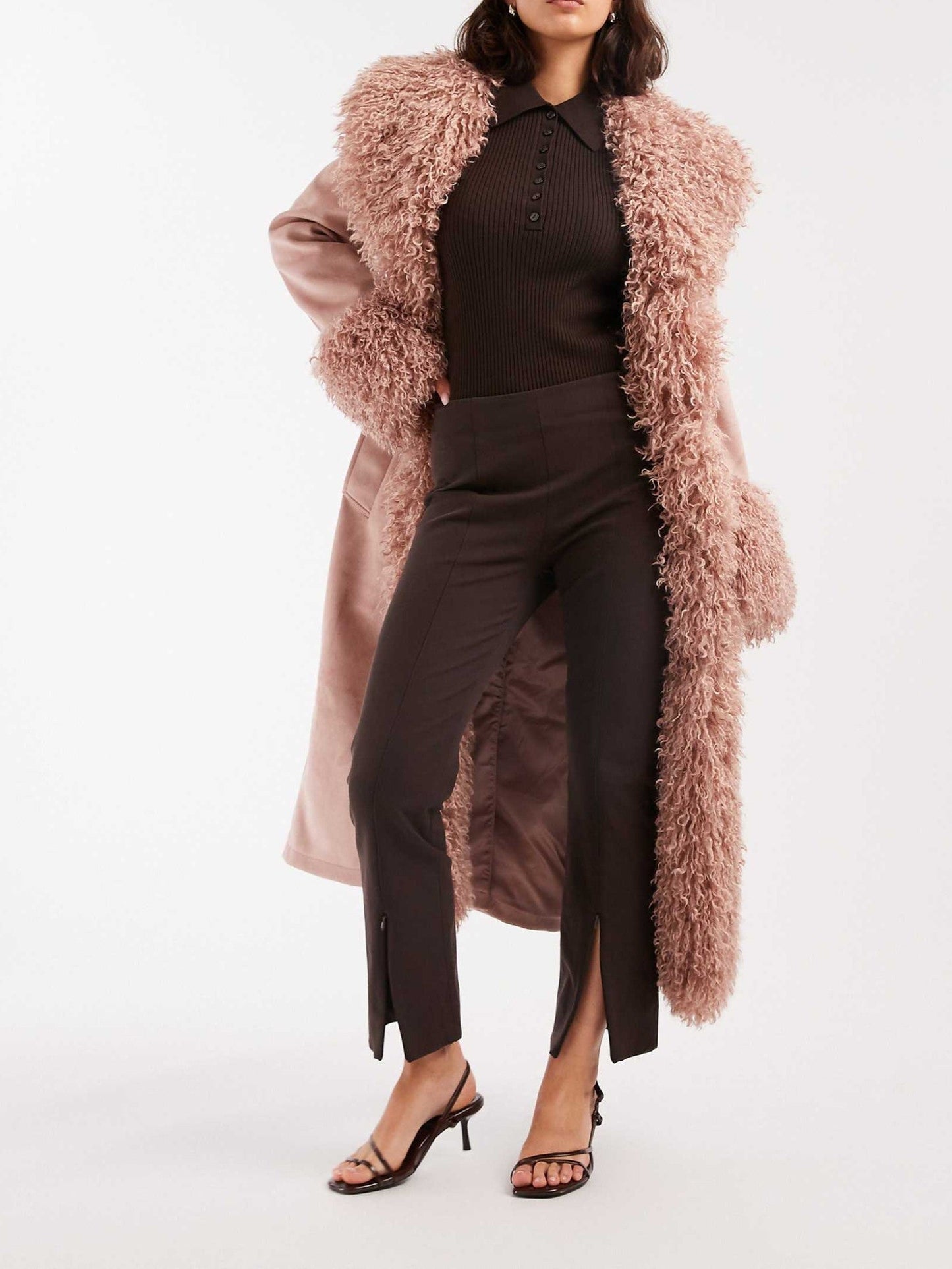 Suedette Faux Mongolian Trim Trench Coat