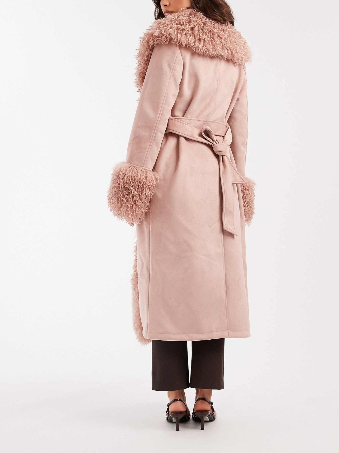 Suedette Faux Mongolian Trim Trench Coat