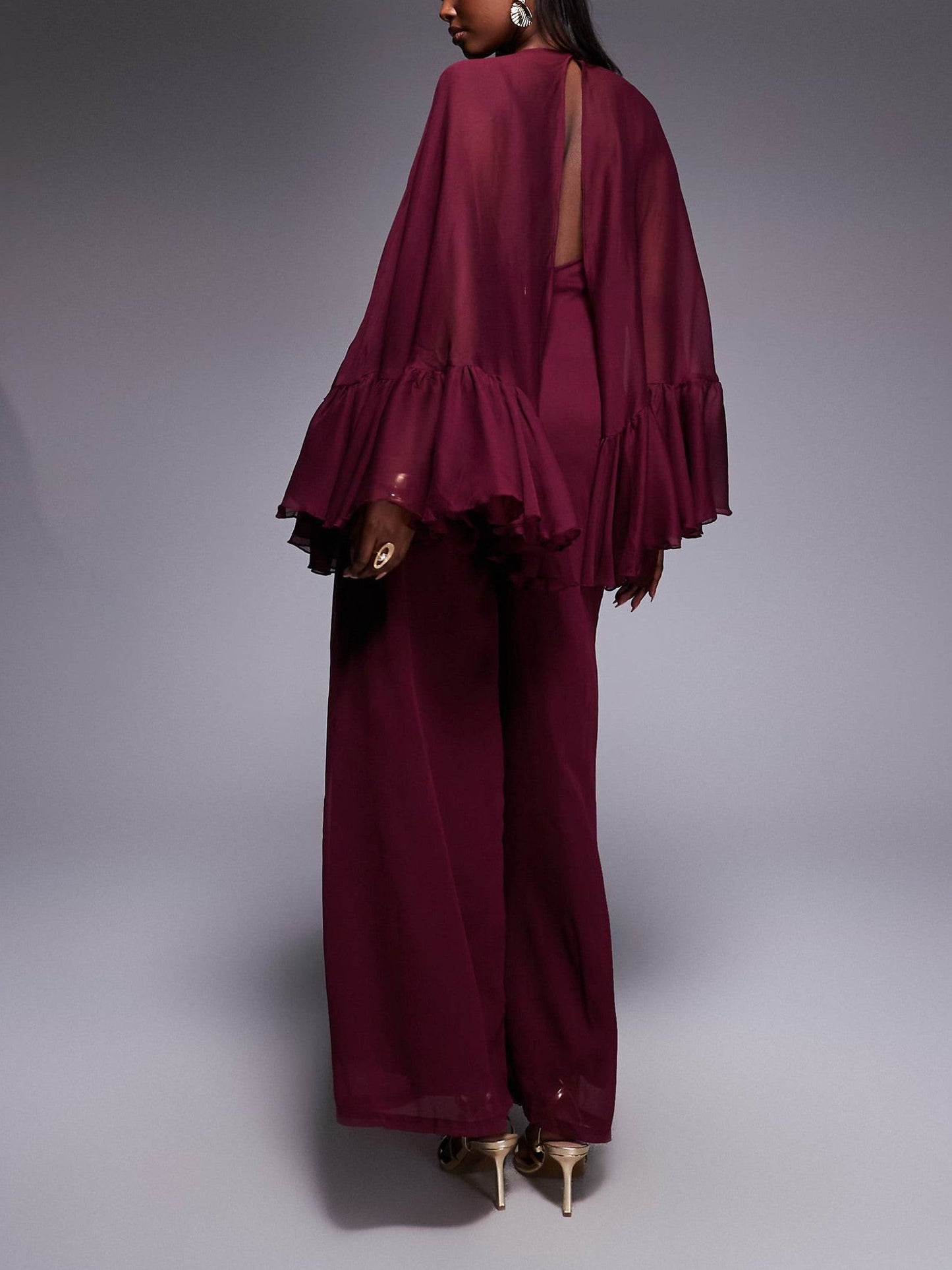 Volume Ruffle Cape Jumpsuit In Berry