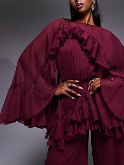 Volume Ruffle Cape Jumpsuit In Berry