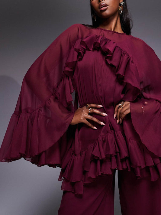 Volume Ruffle Cape Jumpsuit In Berry