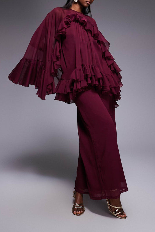 Volume Ruffle Cape Jumpsuit In Berry