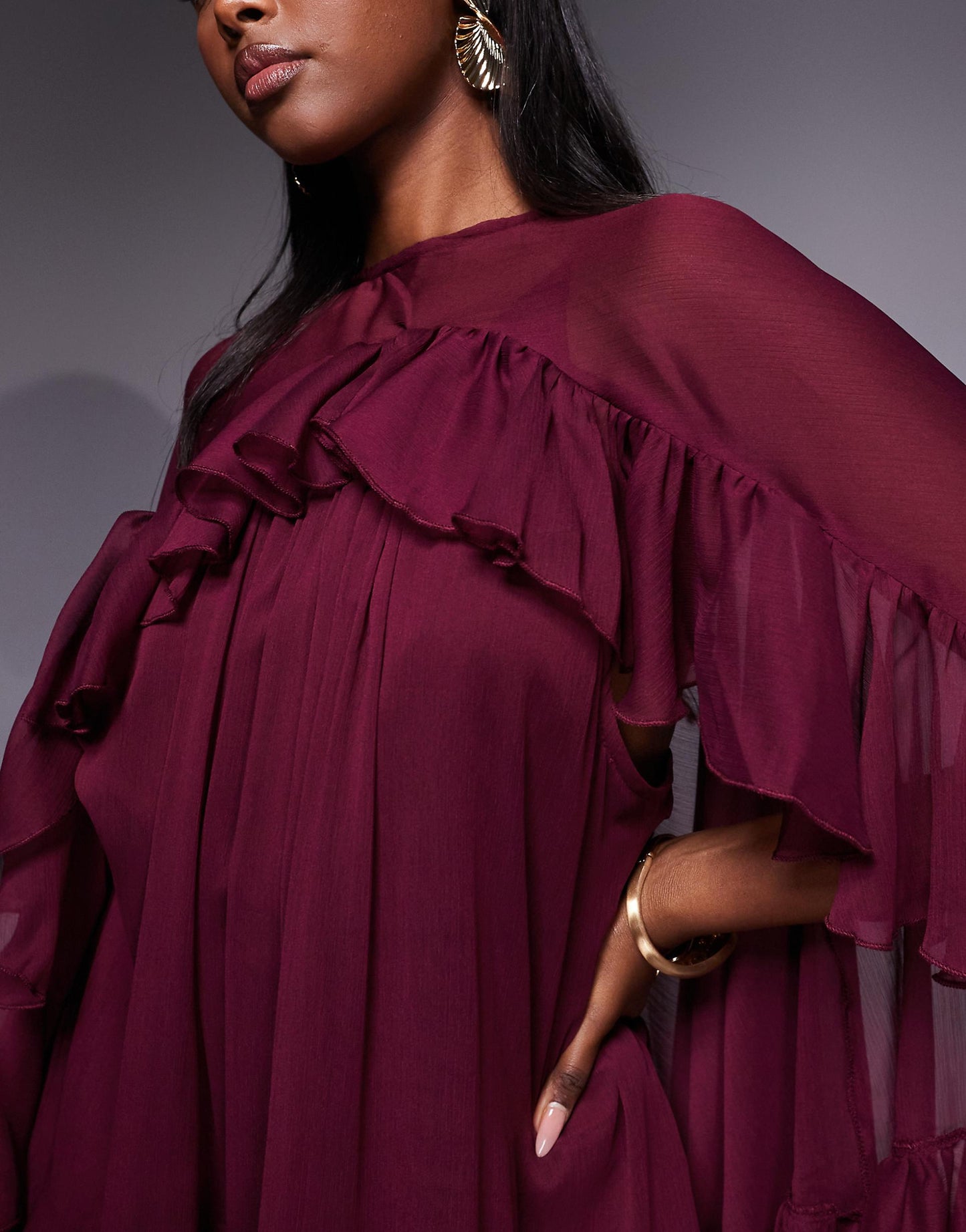 Volume Ruffle Cape Jumpsuit In Berry