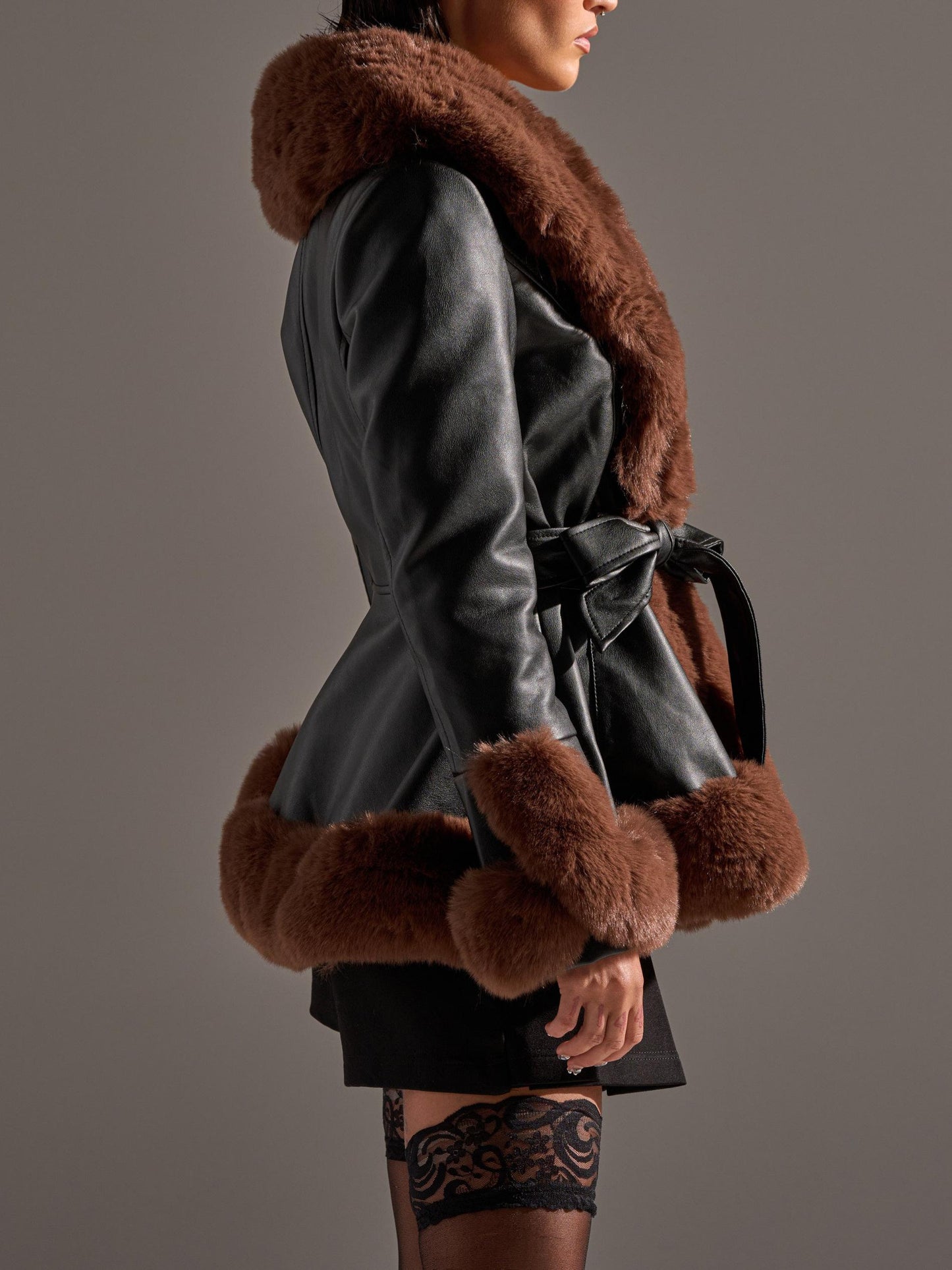 Fur Trim Peplum Moto in Black Brown