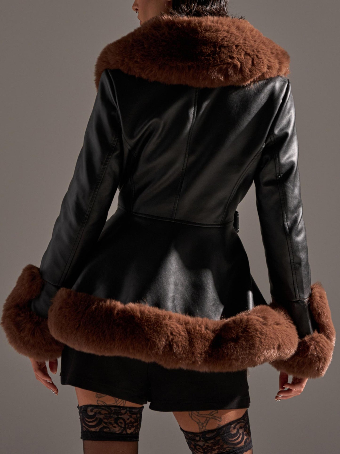 Fur Trim Peplum Moto in Black Brown