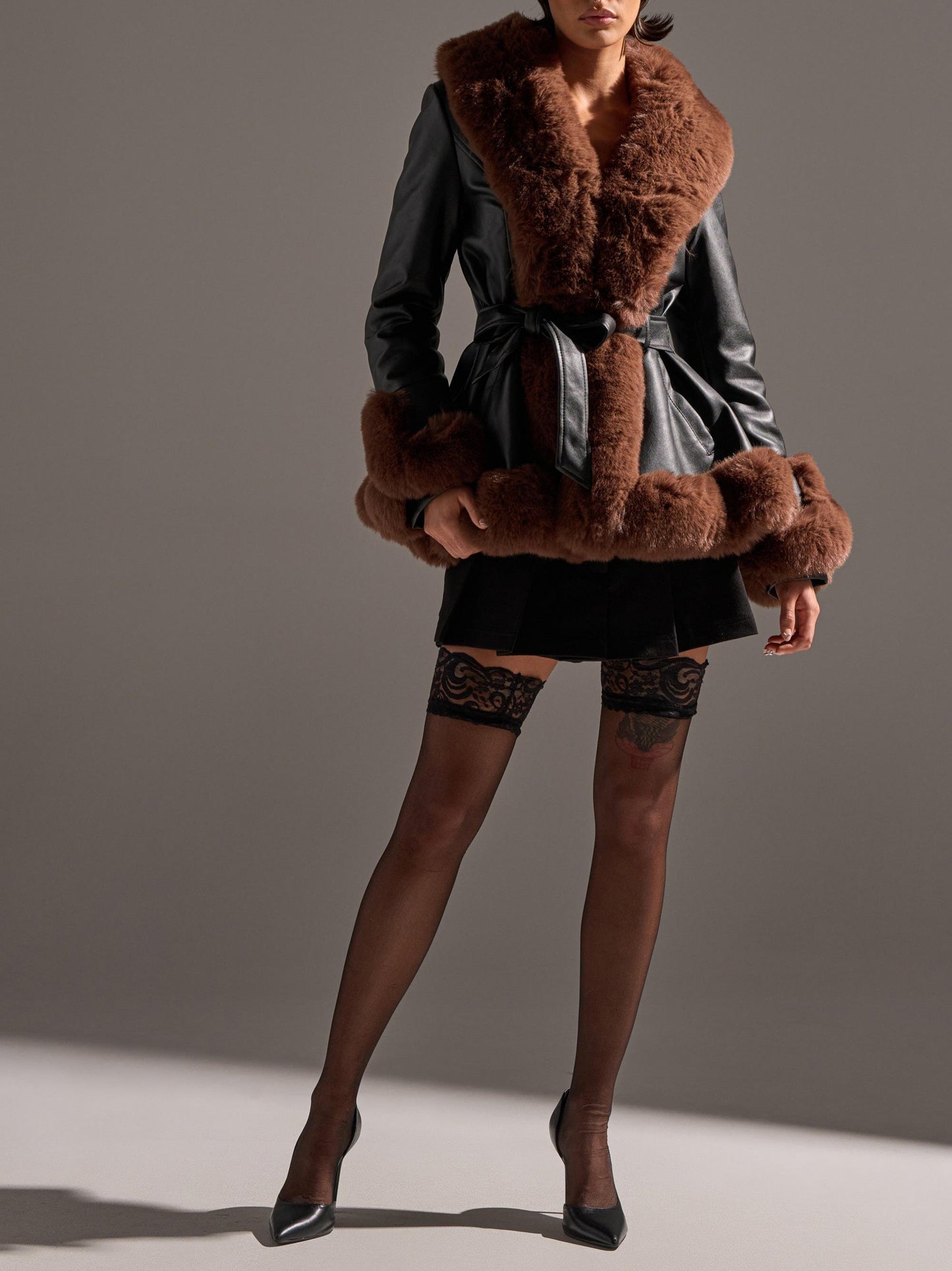 Fur Trim Peplum Moto in Black Brown