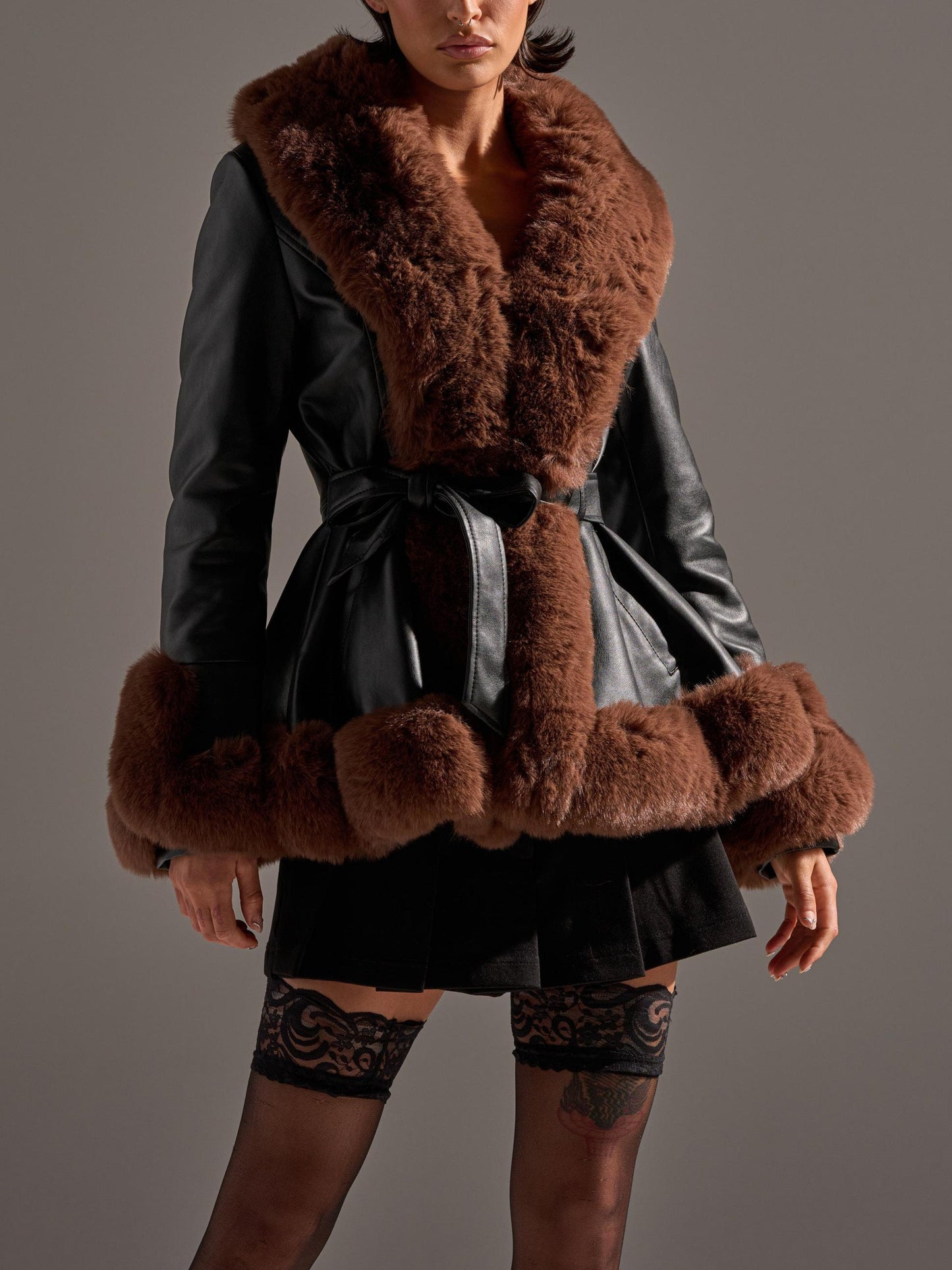 Fur Trim Peplum Moto in Black Brown