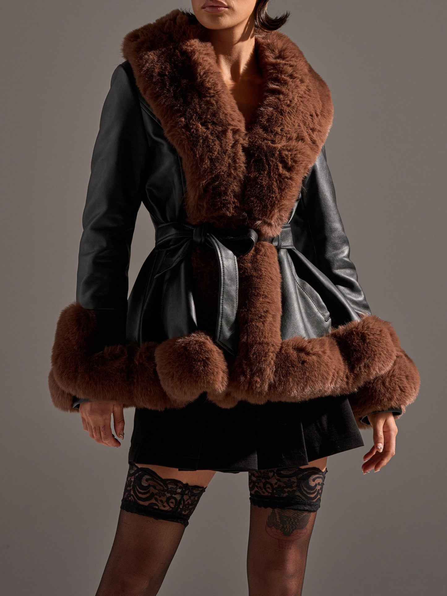 Fur Trim Peplum Moto in Black Brown