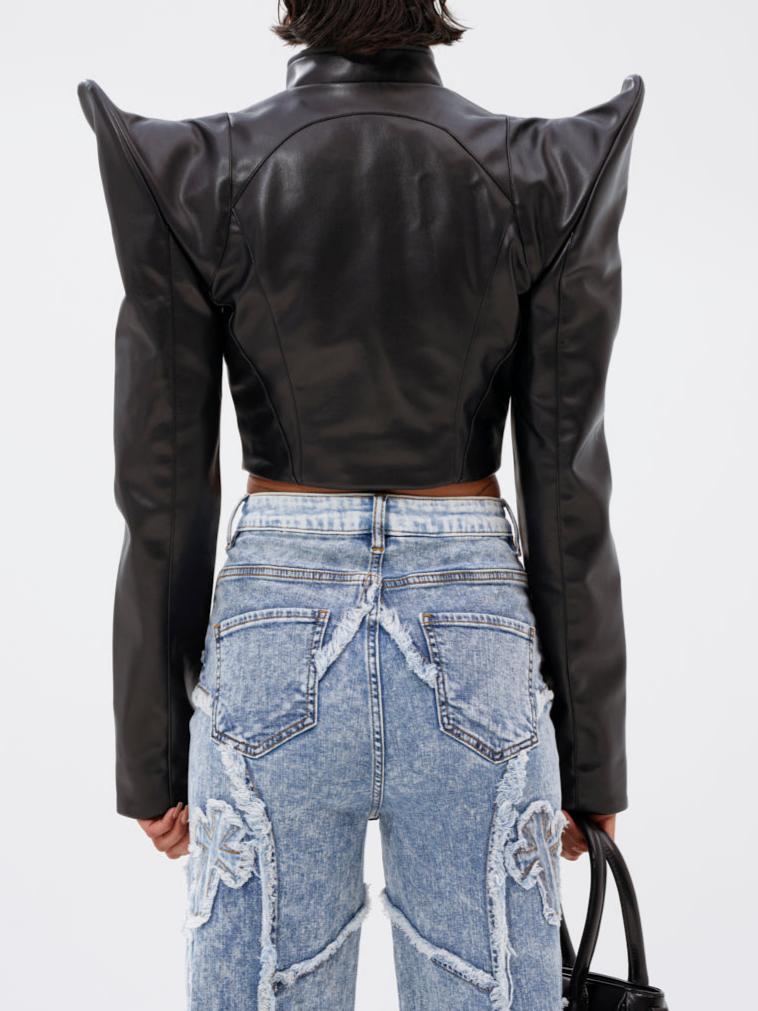 Asymmetrical Shoulder Slim-Fit Cropped Leather Jacket
