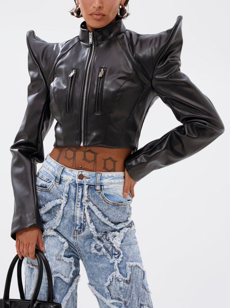 Asymmetrical Shoulder Slim-Fit Cropped Leather Jacket