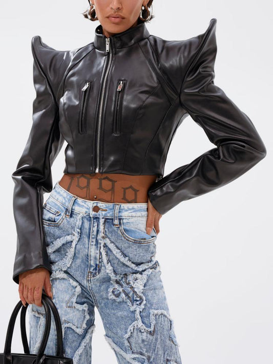 Asymmetrical Shoulder Slim-Fit Cropped Leather Jacket