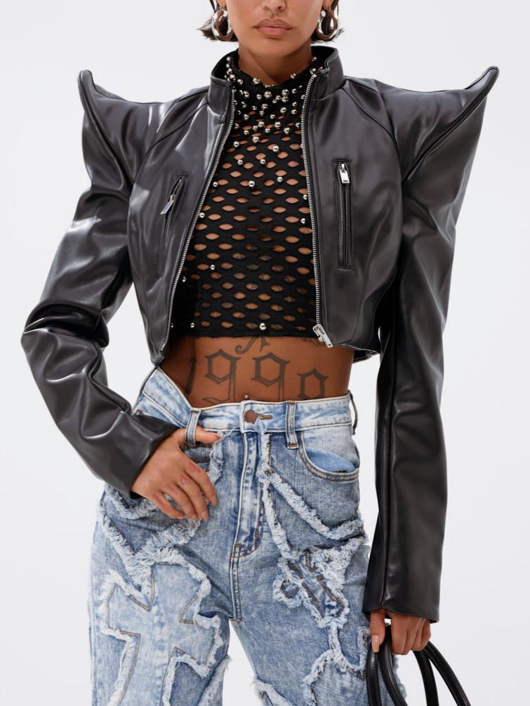 Asymmetrical Shoulder Slim-Fit Cropped Leather Jacket