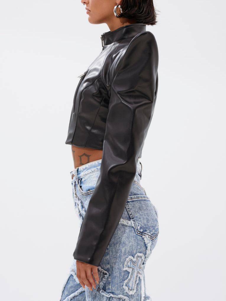 Asymmetrical Shoulder Slim-Fit Cropped Leather Jacket