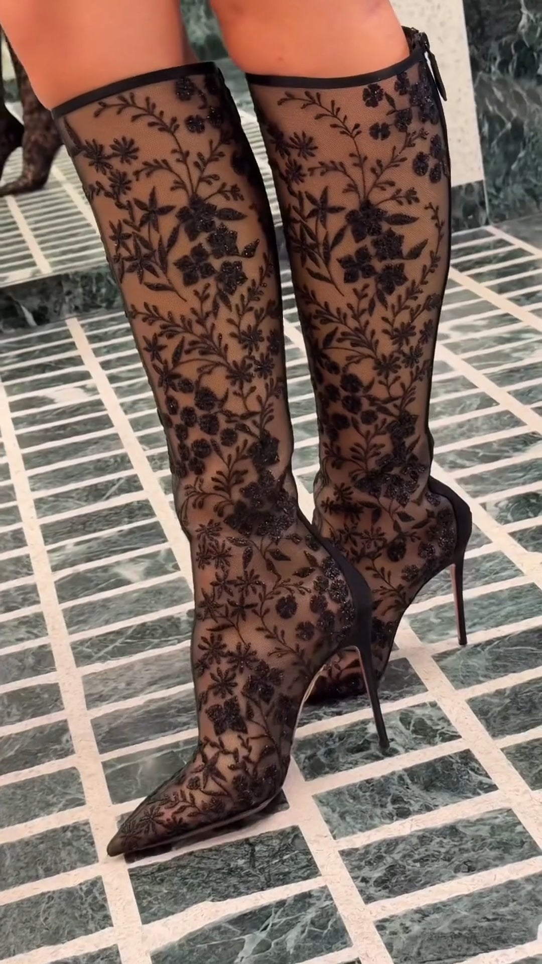 Floral Lace High-Heel Knee-High Boots