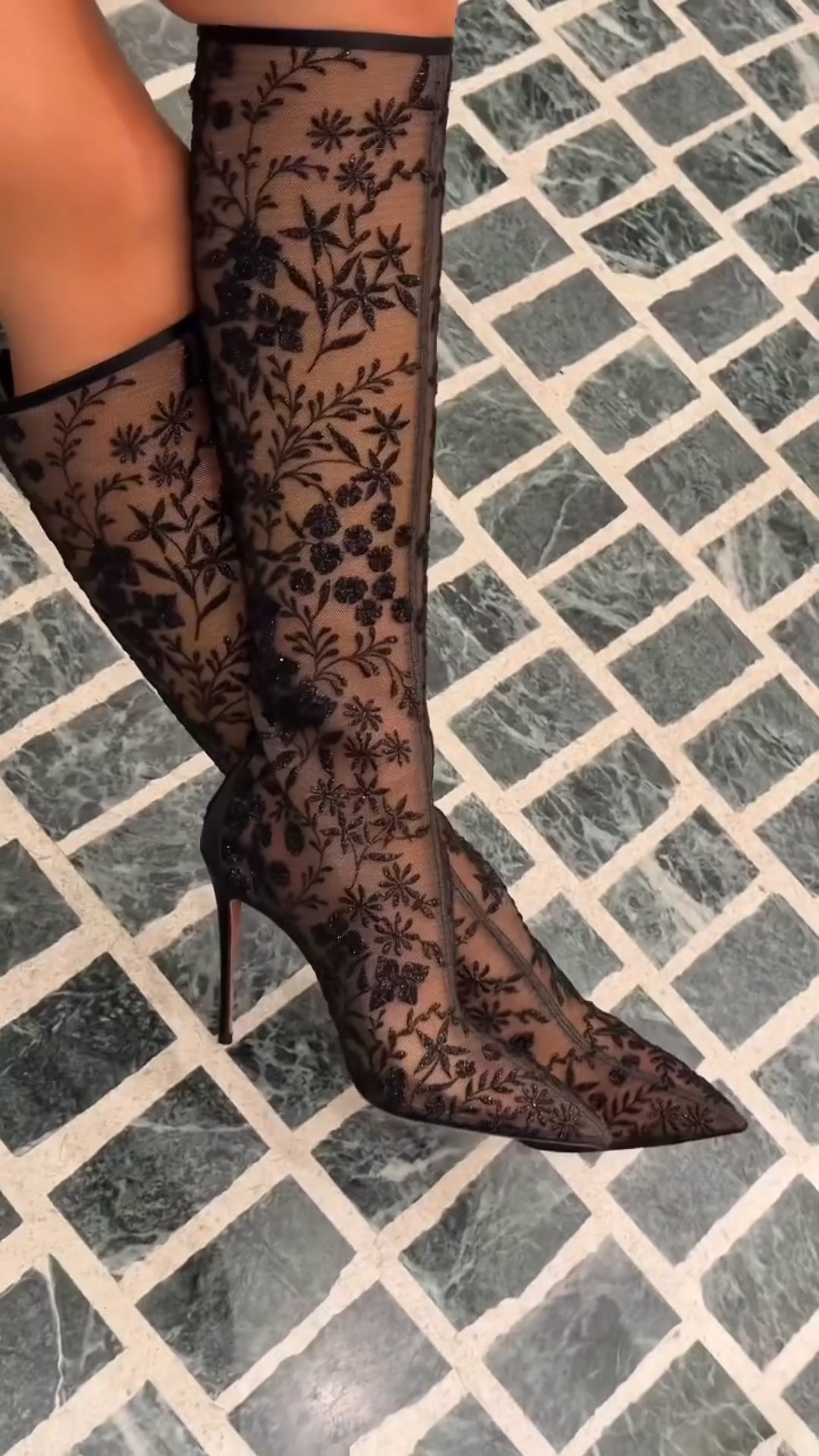 Floral Lace High-Heel Knee-High Boots