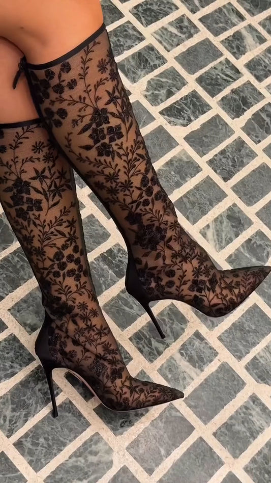 Floral Lace High-Heel Knee-High Boots