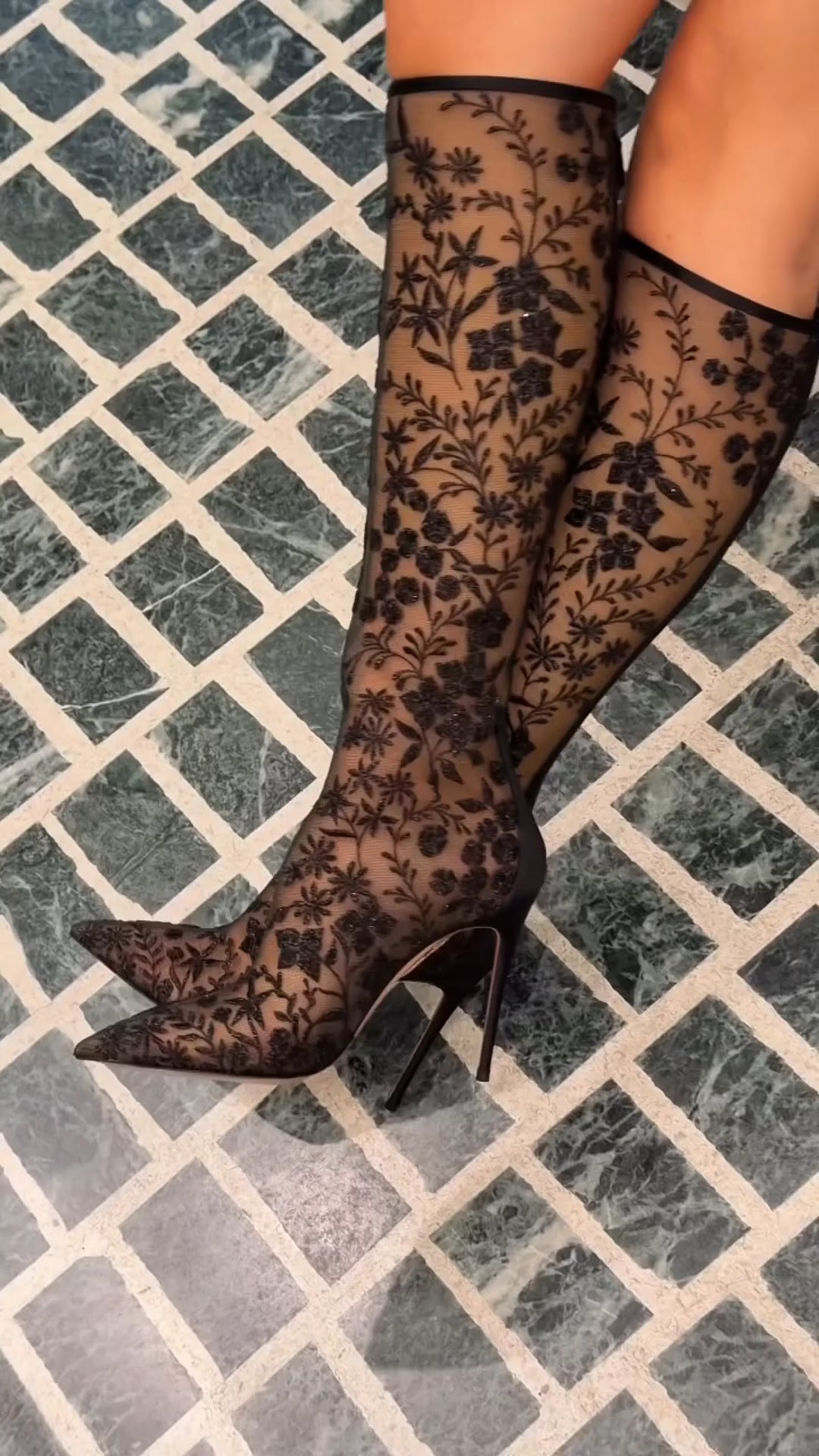 Floral Lace High-Heel Knee-High Boots