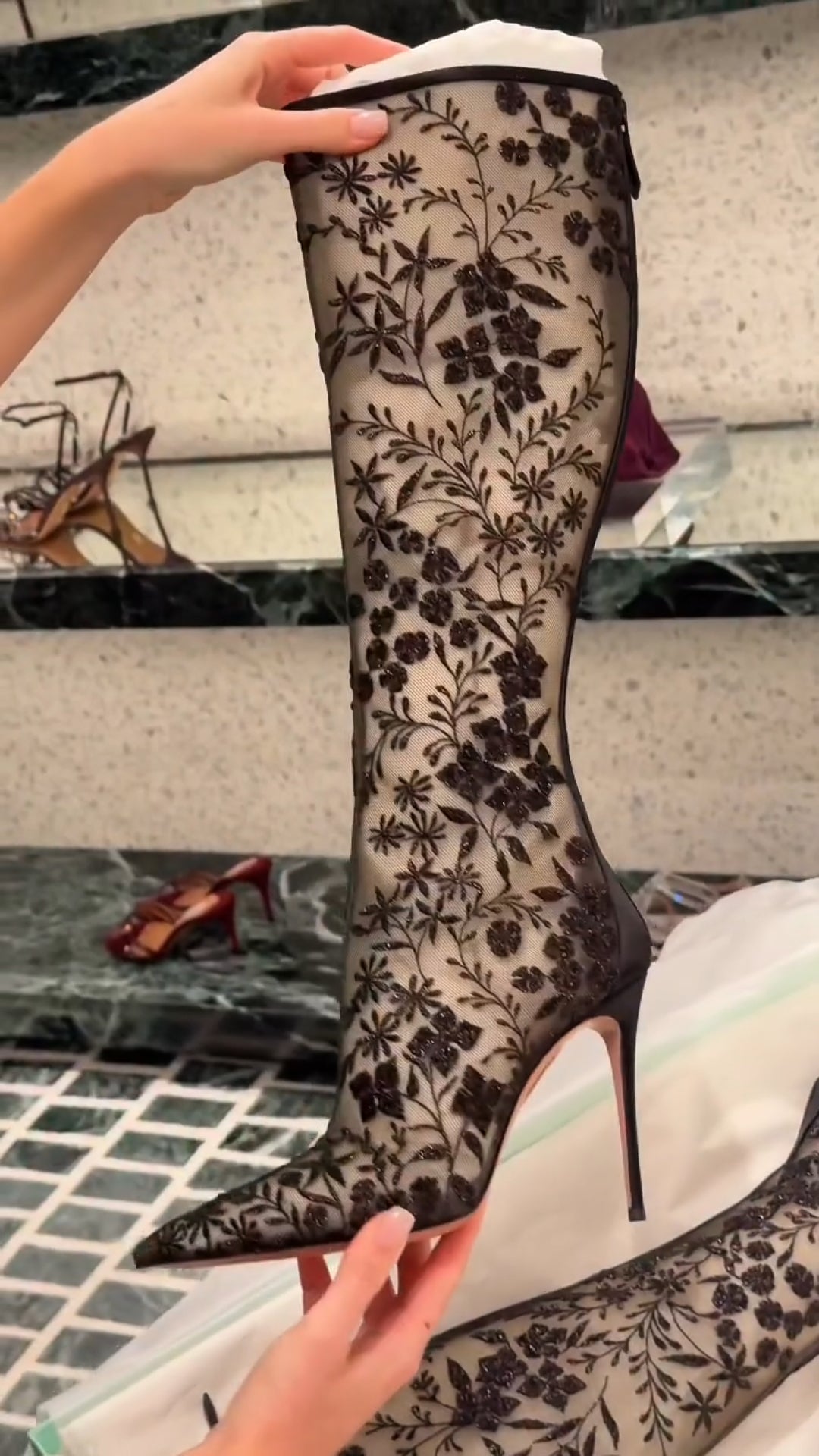 Floral Lace High-Heel Knee-High Boots