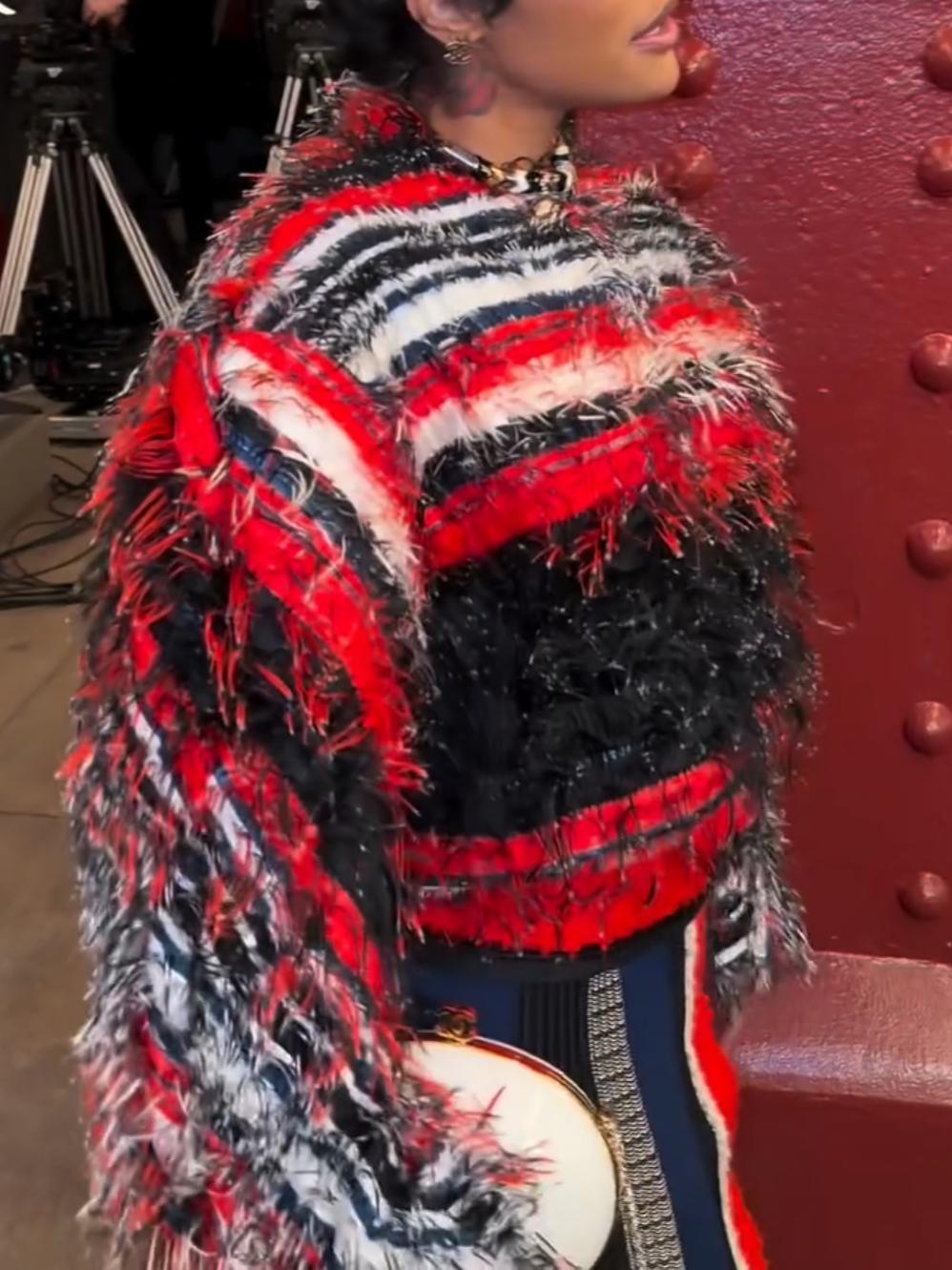 Color-Block Striped Knit Fringe Long Sleeve Top