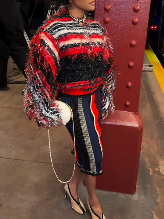 Color-Block Striped Knit Fringe Long Sleeve Top